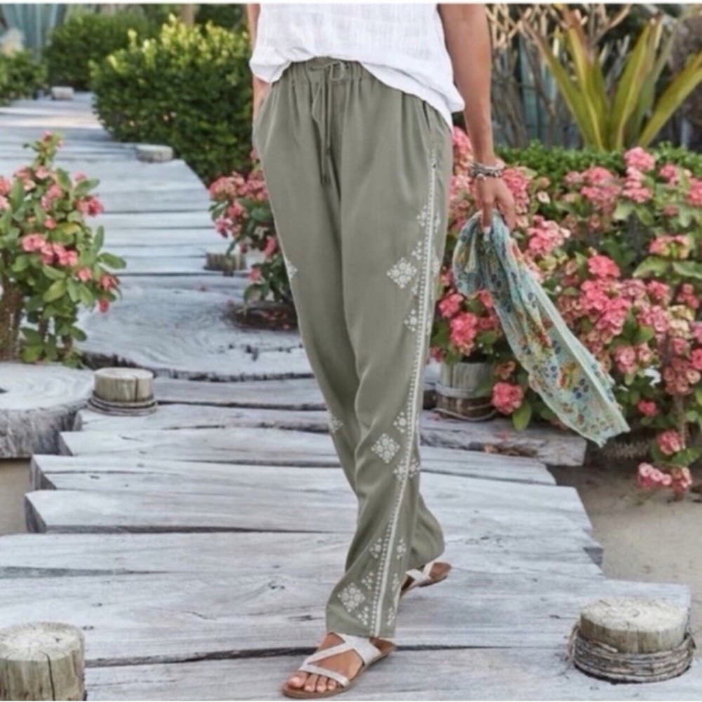 Sundance Tone it Up Embroidered Pants Womens Sz Large Sage Green Boho Pullon